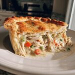 A thick slice of amazing chicken pot pie showing shredded chicken, carrots, and peas in a creamy sauce under a golden, flaky crust.