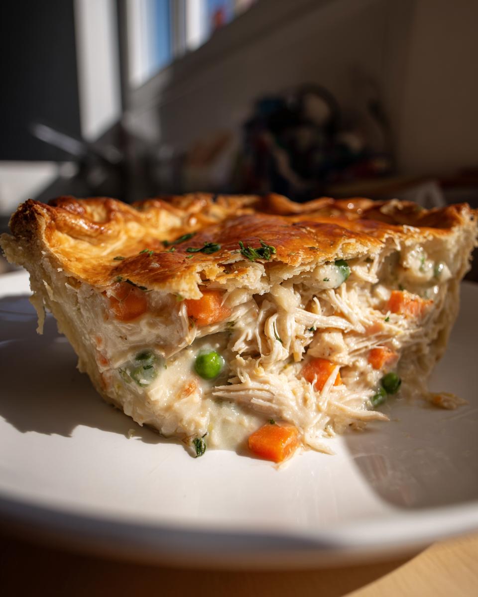Close-up of a generous slice of amazing chicken pot pie showing shredded chicken, carrots, and peas in creamy sauce under a golden, flaky crust.