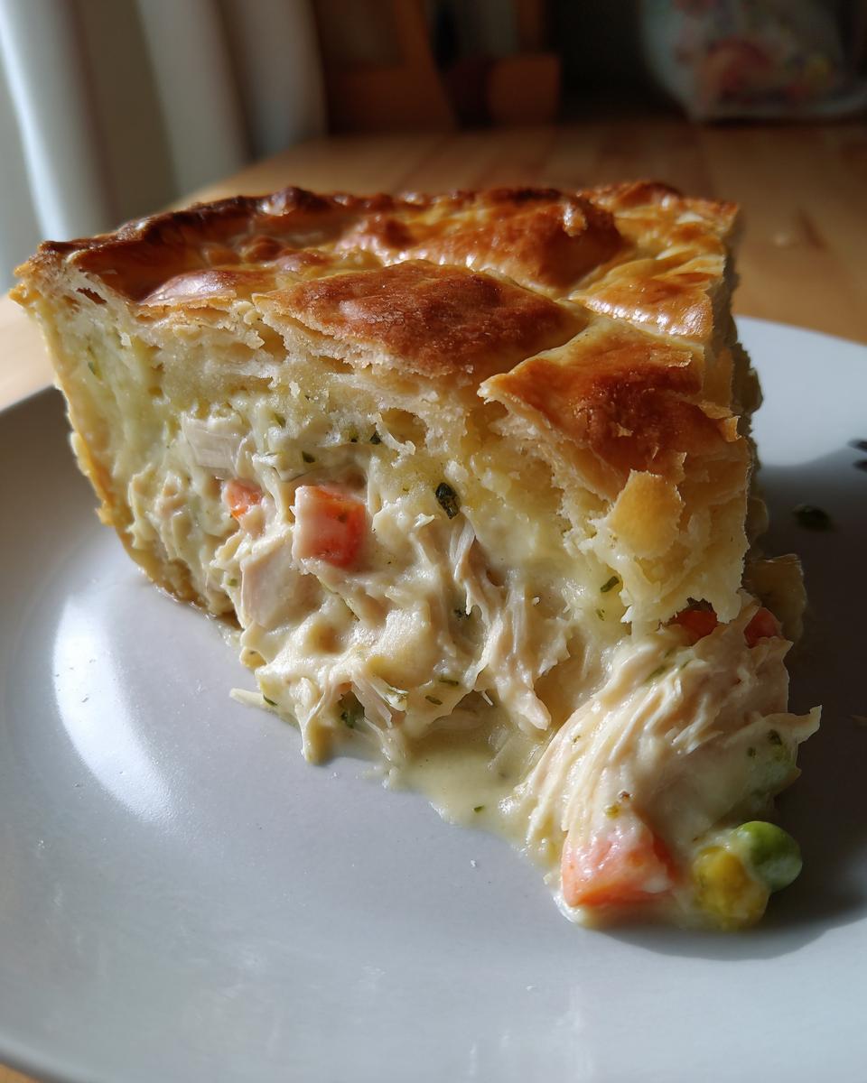 A close-up slice of homemade chicken pot pie showing creamy filling, shredded chicken, carrots, and peas under a golden, flaky crust.
