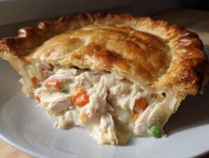 Close-up of a delicious slice of chicken pot pie showing shredded chicken, carrots, and peas in a creamy sauce under a flaky, golden crust.