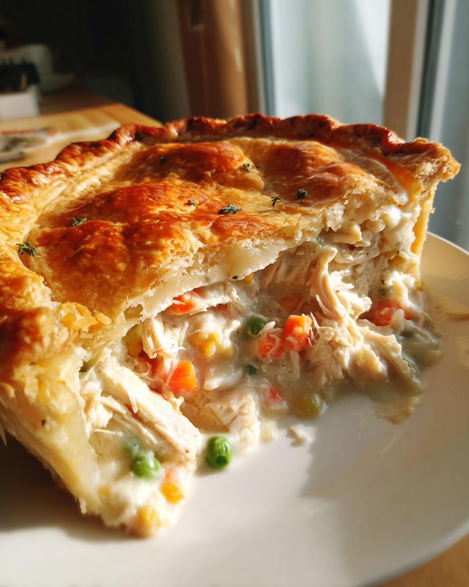 Close-up of a slice of amazing chicken pot pie showing creamy filling, shredded chicken, peas, and carrots under a golden, flaky crust.