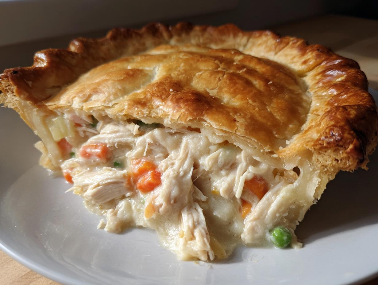 Close-up of a delicious slice of chicken pot pie showing shredded chicken, carrots, and peas in a creamy sauce under a flaky, golden crust.