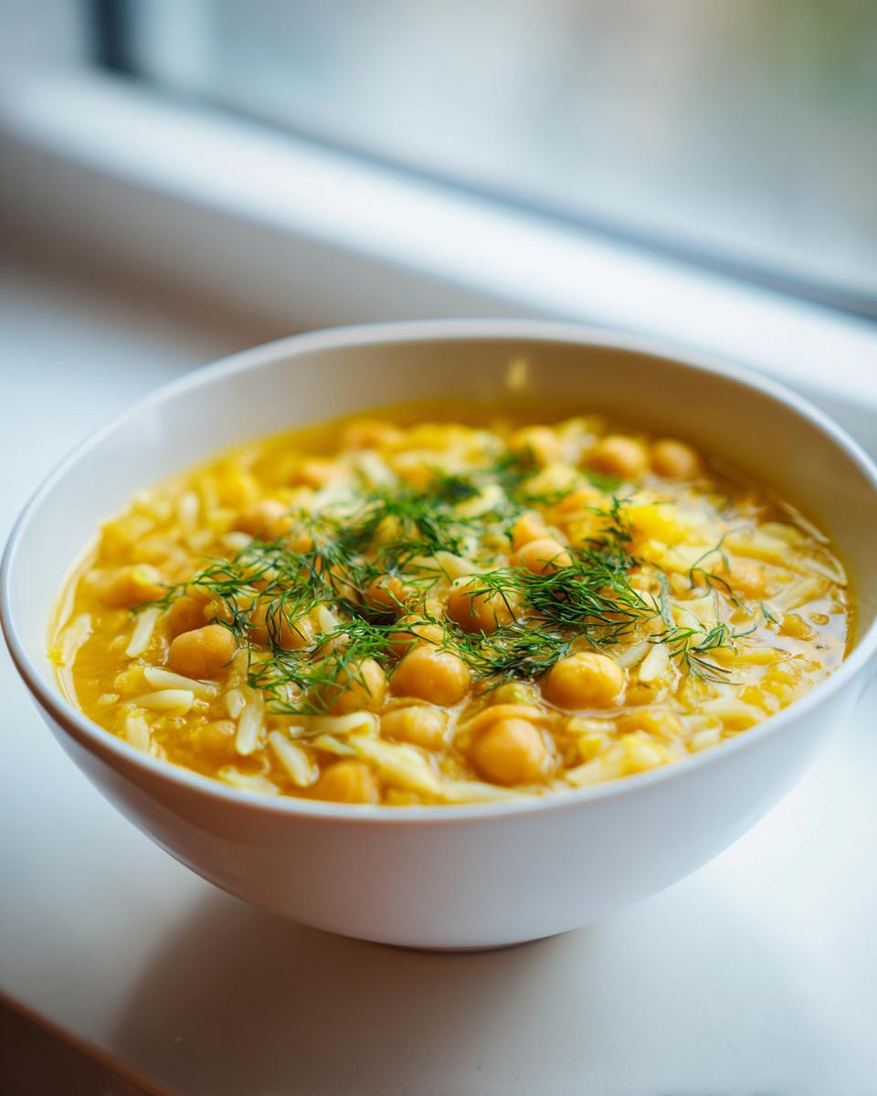 A close-up of a white bowl filled with bright yellow chickpea soup, featuring whole chickpeas and noodles, topped with fresh dill.