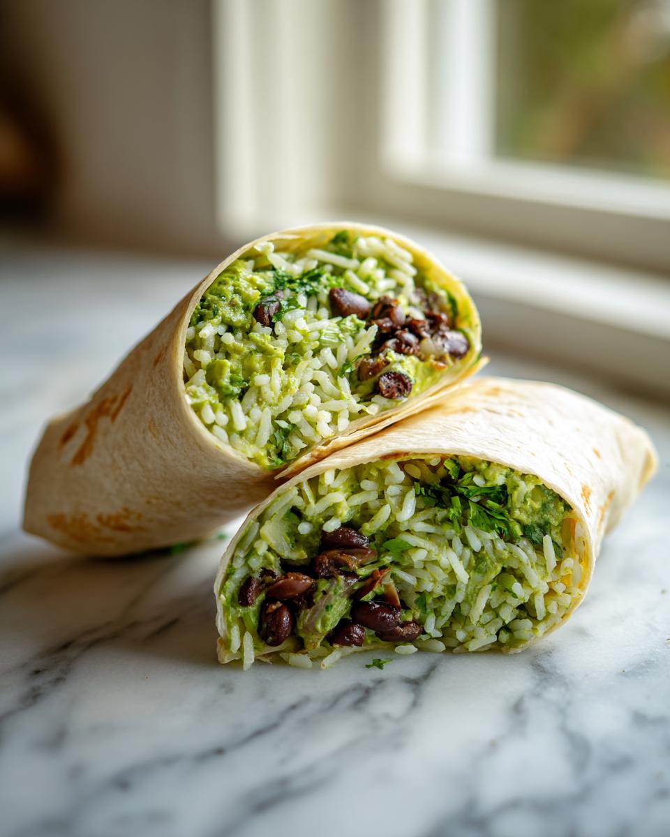 Close-up of a black bean and rice burrito cut in half, showing cilantro-lime rice, avocado mash, and black beans inside a tortilla.