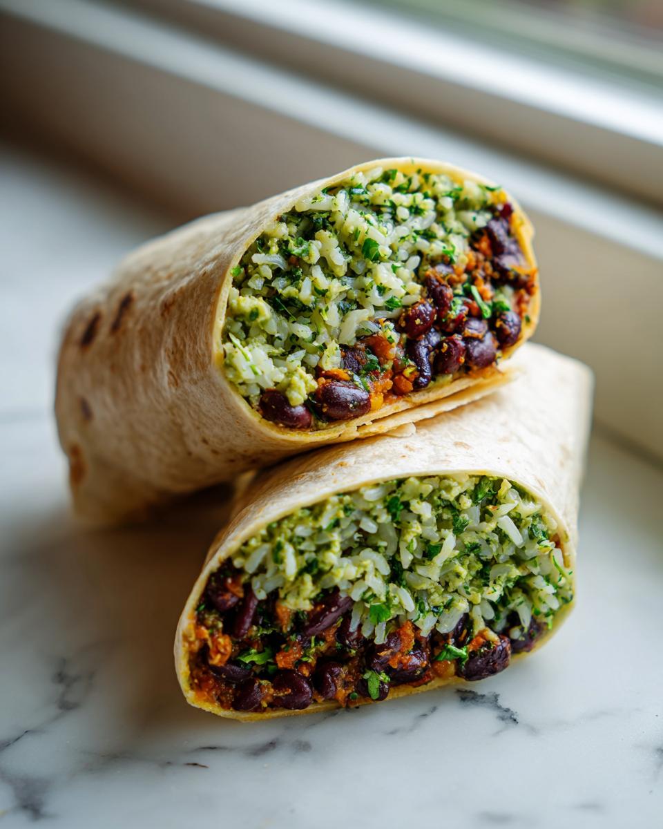 A black bean and rice burrito cut in half, showing the filling of seasoned black beans and cilantro-lime rice.
