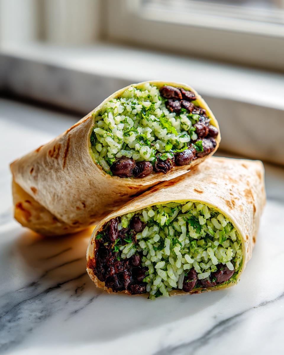 A close-up of a black bean and rice burrito cut in half, showing cilantro-lime rice and seasoned black beans.