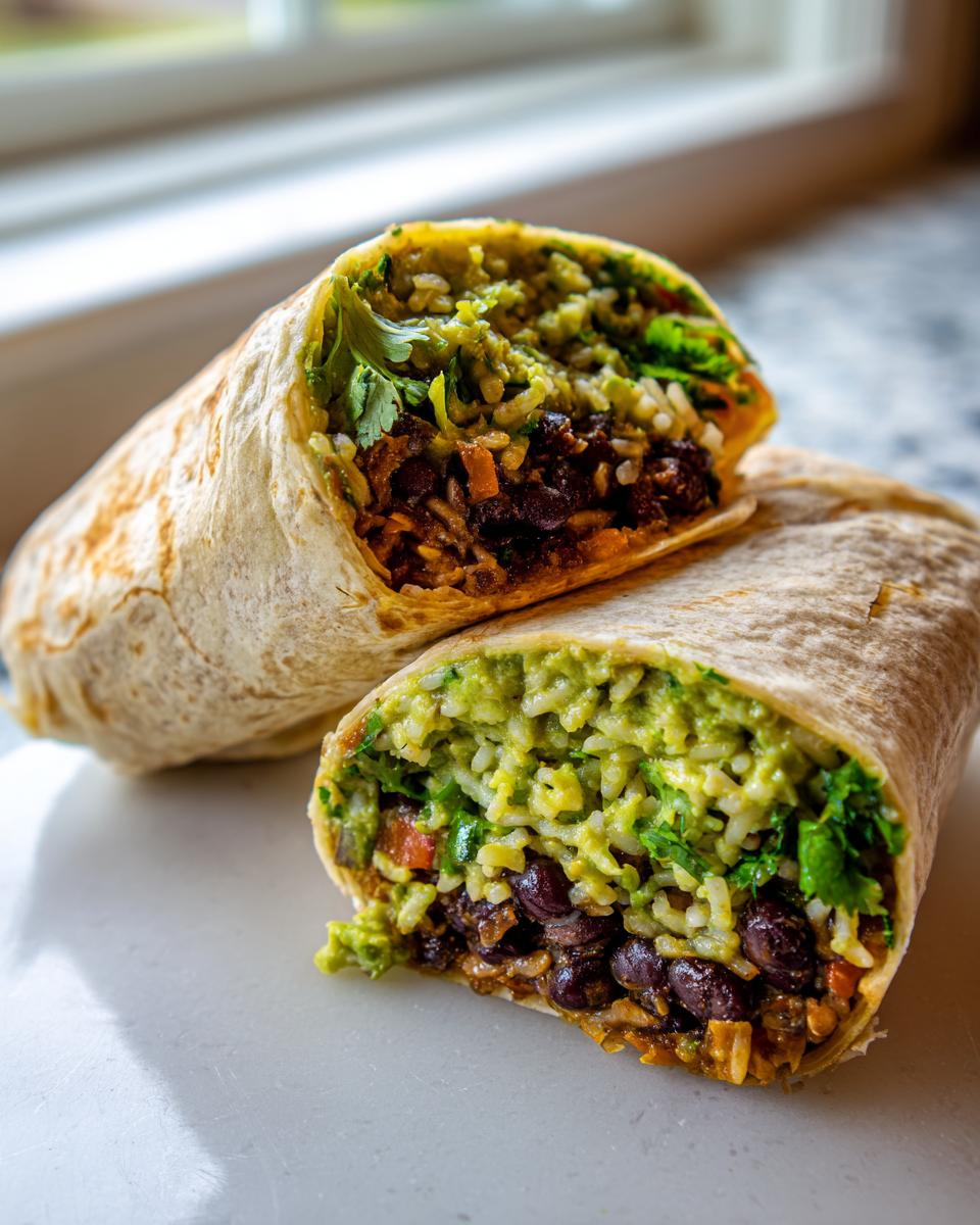 Close-up of a black bean and rice burrito cut in half, showing layers of black beans, rice, and guacamole.