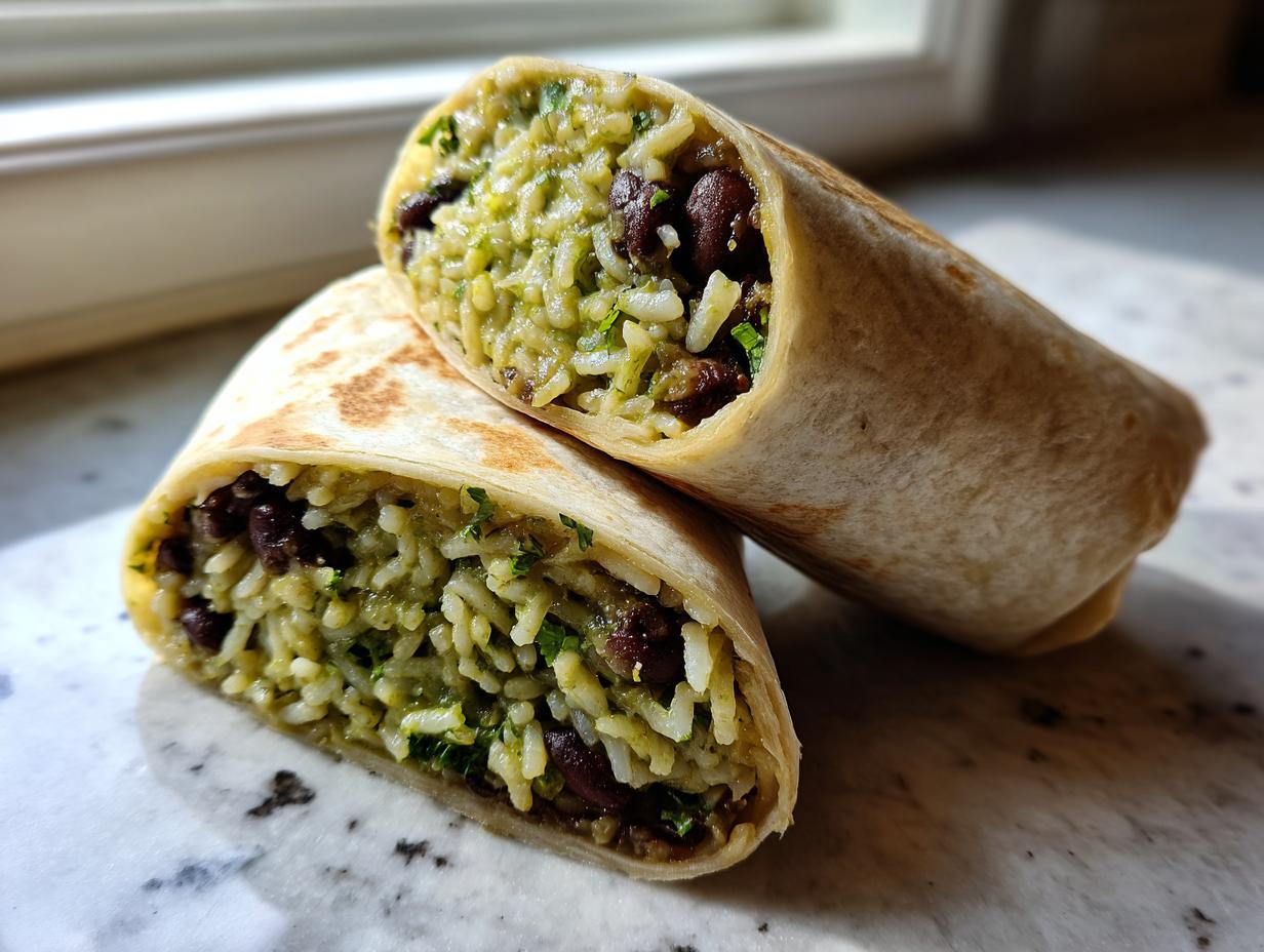 Close-up of a black bean and rice burrito cut in half, showing the green-tinted rice and black beans inside.