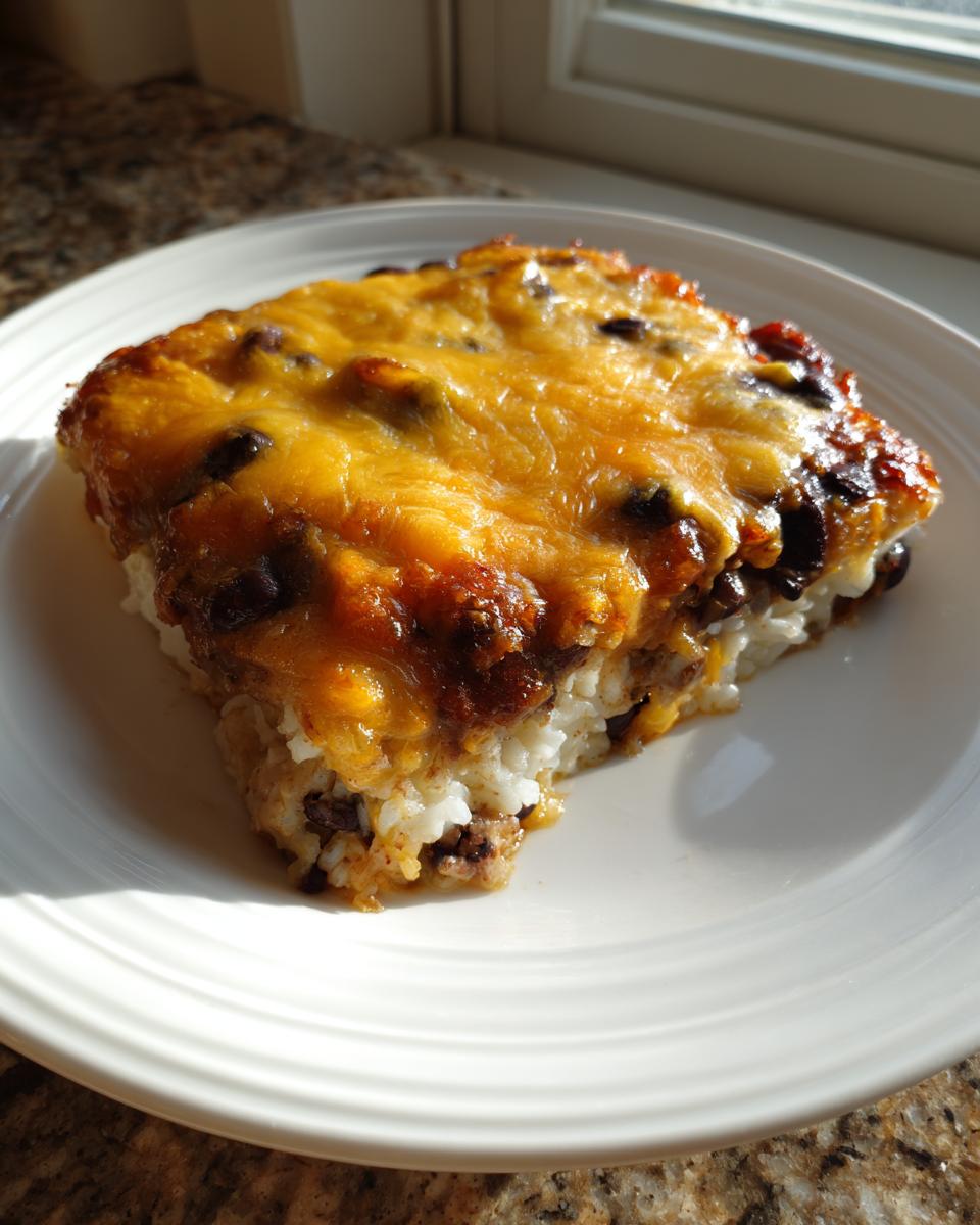 A square serving of cheesy black bean and rice casserole on a white plate, lit by sunlight.