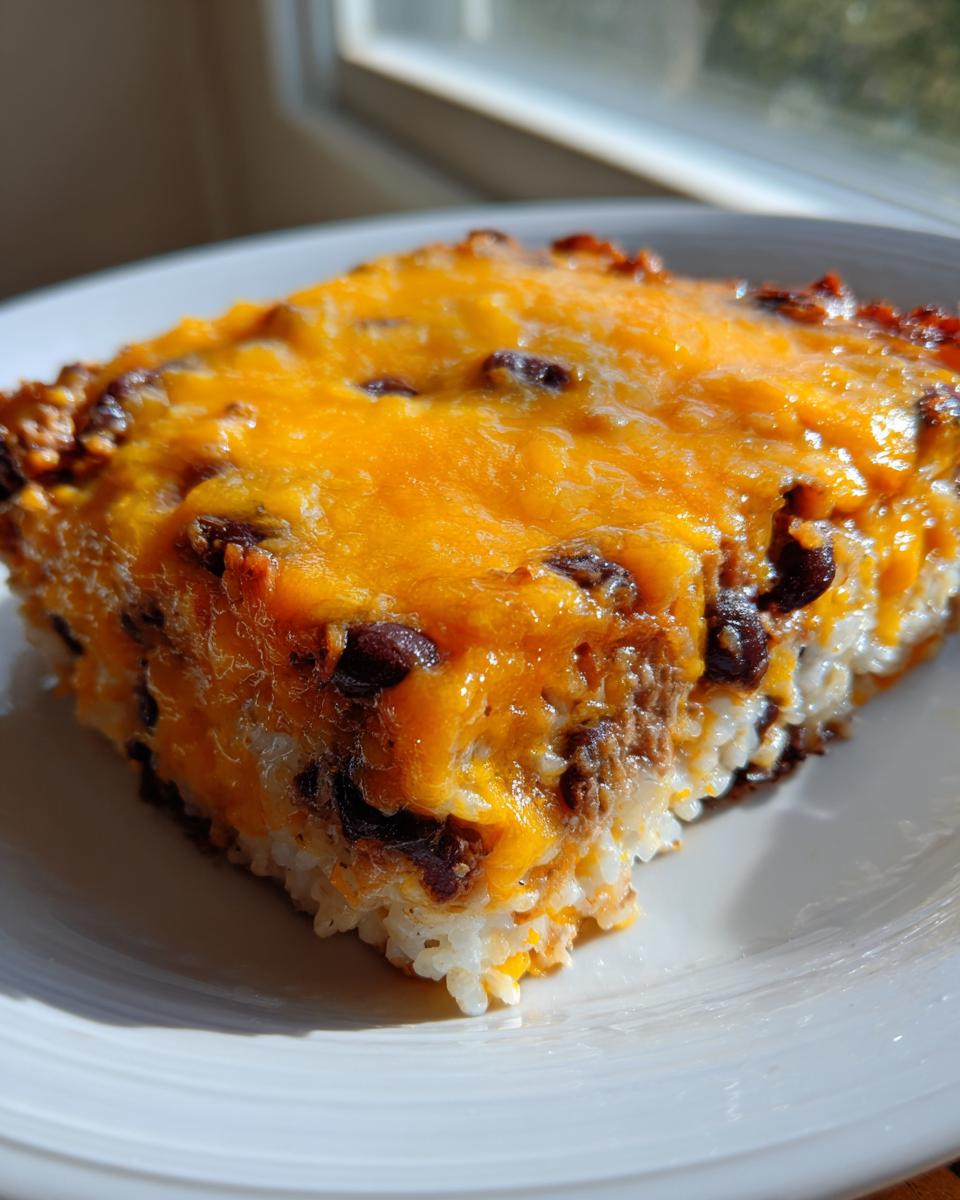 A square serving of black bean and rice casserole topped with gooey, melted cheddar cheese.