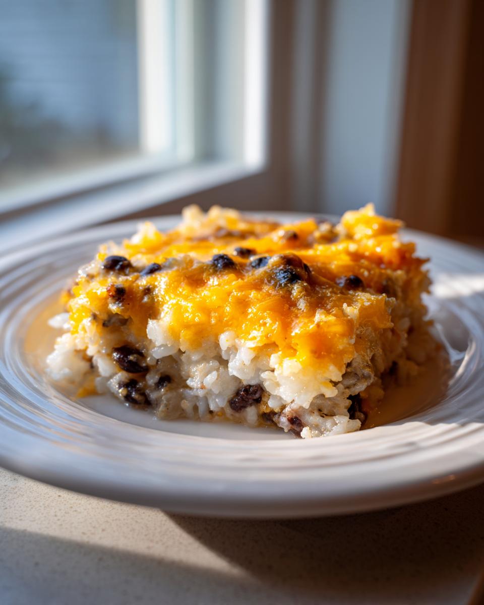 A square serving of cheesy black bean and rice casserole topped with melted cheddar cheese on a white plate.