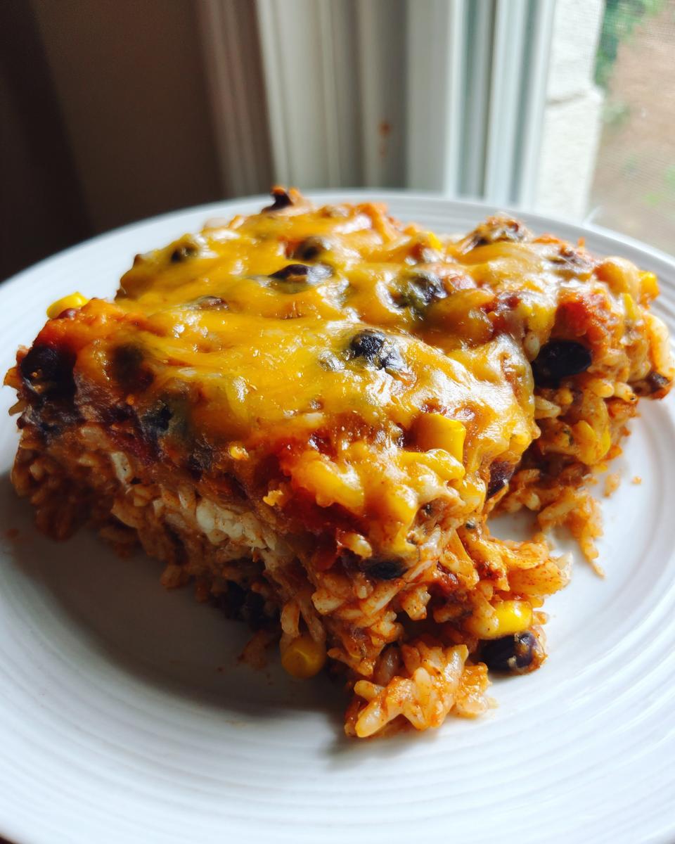 A hearty slice of black bean and rice casserole topped with melted cheddar cheese and corn, served on a white plate.