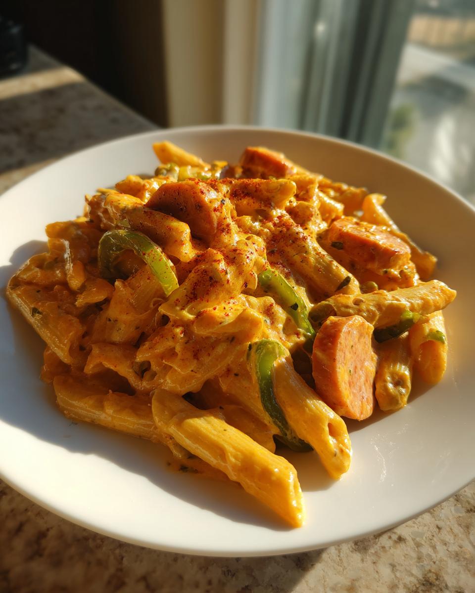 A close-up of creamy cajun kielbasa pasta with green peppers, dusted with paprika, served in a white bowl.