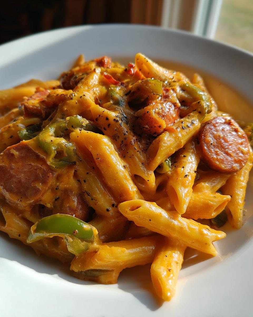 Close-up of creamy cajun kielbasa pasta featuring penne, sliced sausage, and green peppers.