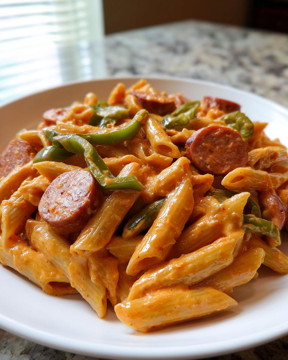 Close-up of a serving of cajun kielbasa pasta with penne, creamy sauce, and green bell peppers.