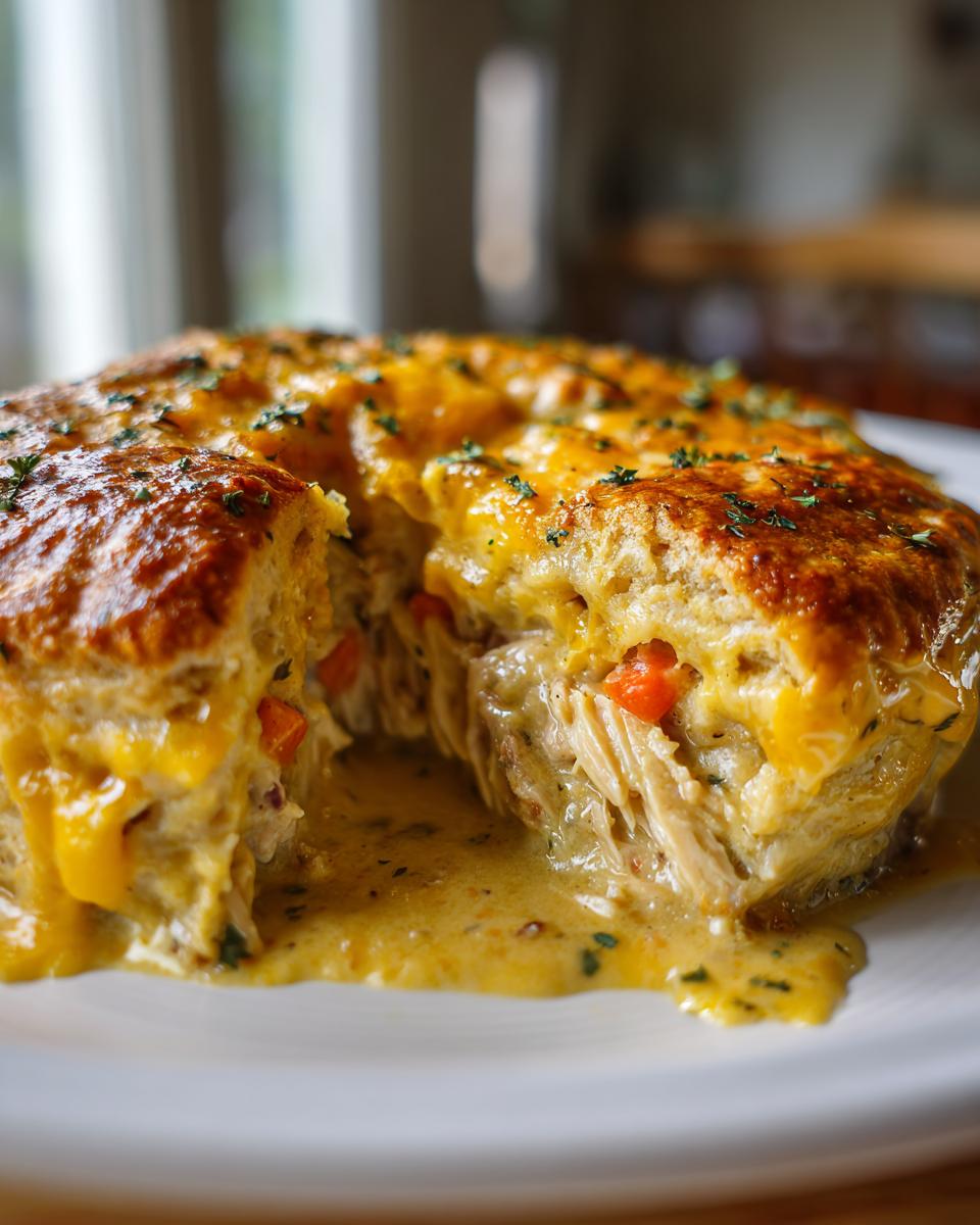 A cross-section of cheddar bay biscuit chicken pot pie showing creamy filling, shredded chicken, carrots, and melted cheese topping.