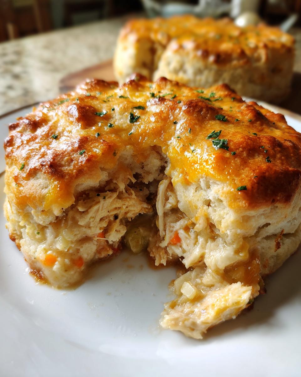 A cheddar bay biscuit chicken pot pie broken open to show shredded chicken, vegetables, and creamy sauce under a cheesy biscuit top.