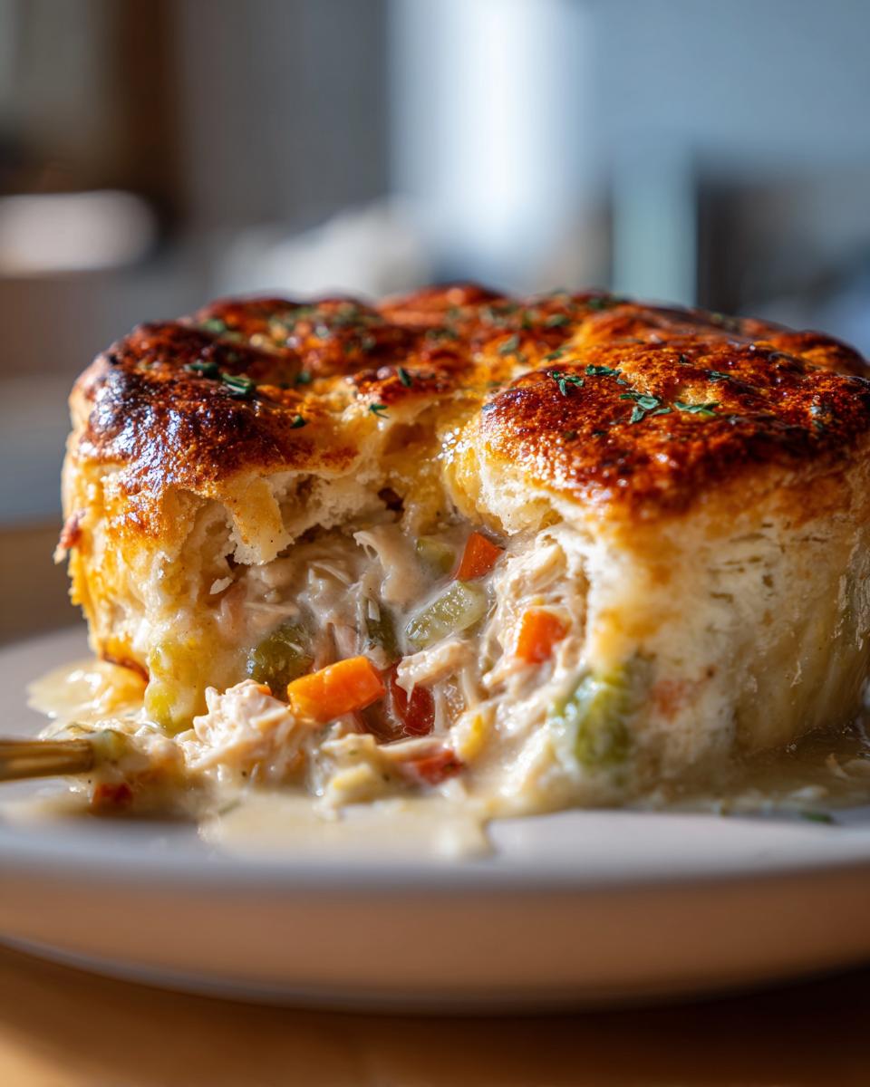A close-up of a single serving of cheddar bay biscuit chicken pot pie, showing the creamy filling spilling out from under the golden biscuit crust.