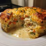 A cross-section view of a cheddar bay biscuit chicken pot pie showing creamy filling, chicken, carrots, and melted cheese topping.