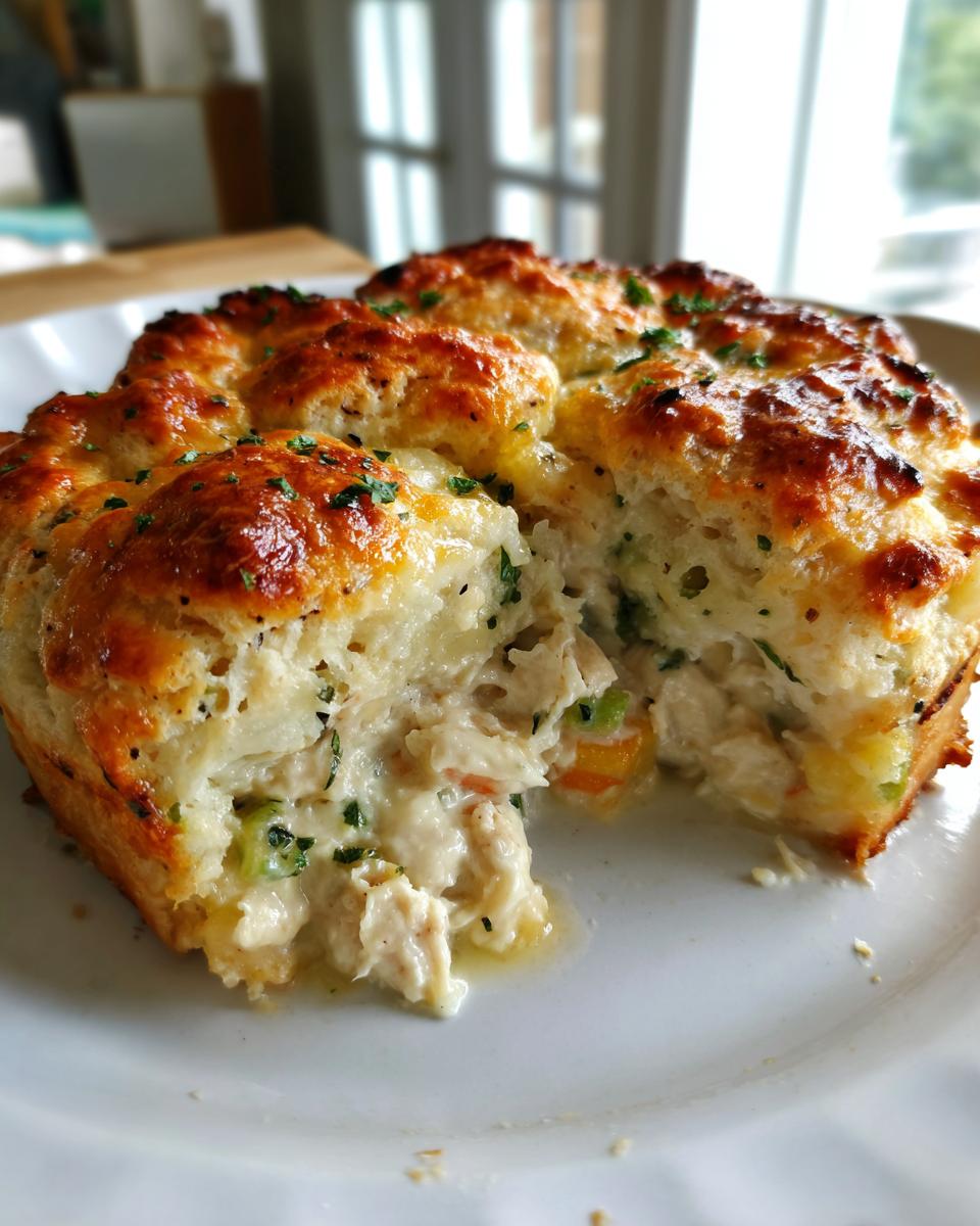 A piece of cheddar bay biscuit chicken pot pie showing the creamy chicken filling beneath the golden, cheesy biscuit topping.