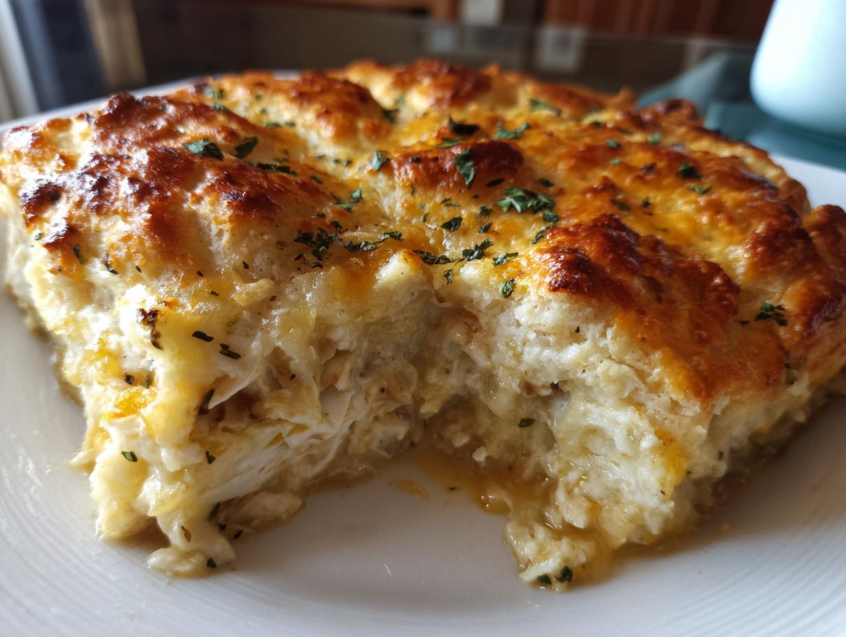 A close-up of a serving of cheddar bay biscuit chicken pot pie showing the creamy filling and golden, cheesy biscuit topping.