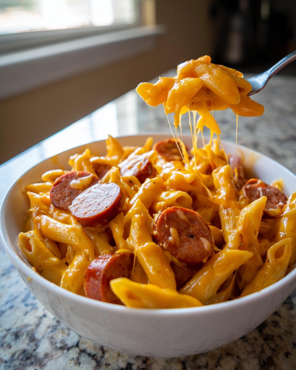 A fork lifting cheesy penne pasta and sliced smoked kielbasa from a white bowl of kielbasa pasta.