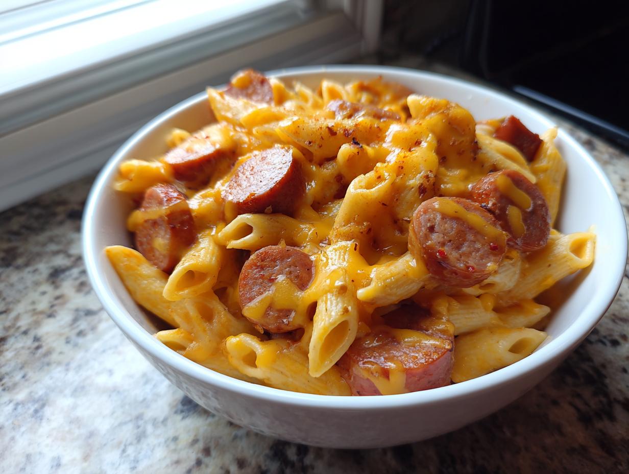 Close-up of a bowl of cheesy kielbasa pasta featuring penne noodles and sliced smoked sausage.