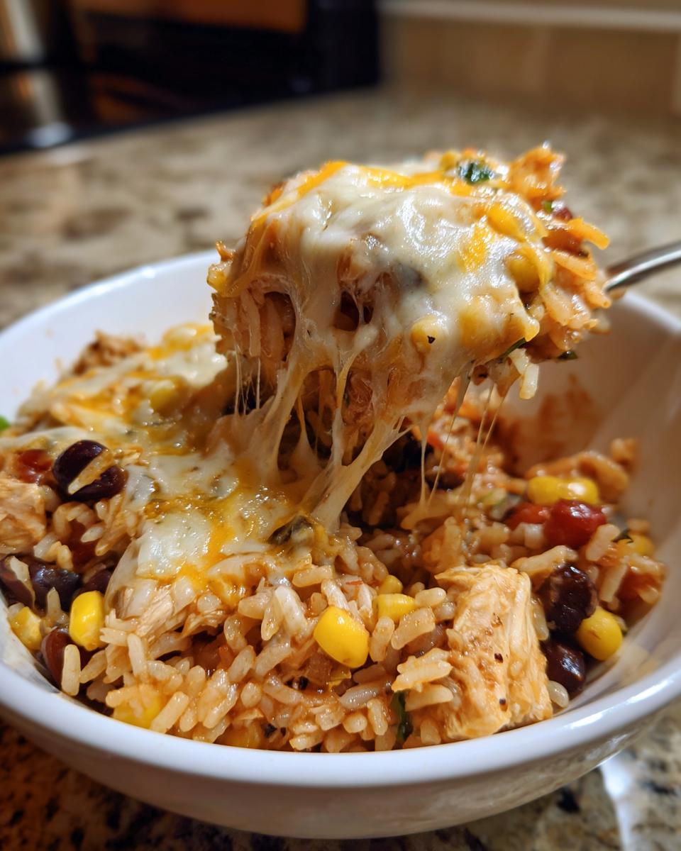 A spoonful of cheesy one pot chicken burrito bowl lifted from a white bowl, showing melted cheese stretch.