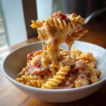 A fork lifting a large bite of creamy, cheesy one pot kielbasa pasta with visible cheese pulls.
