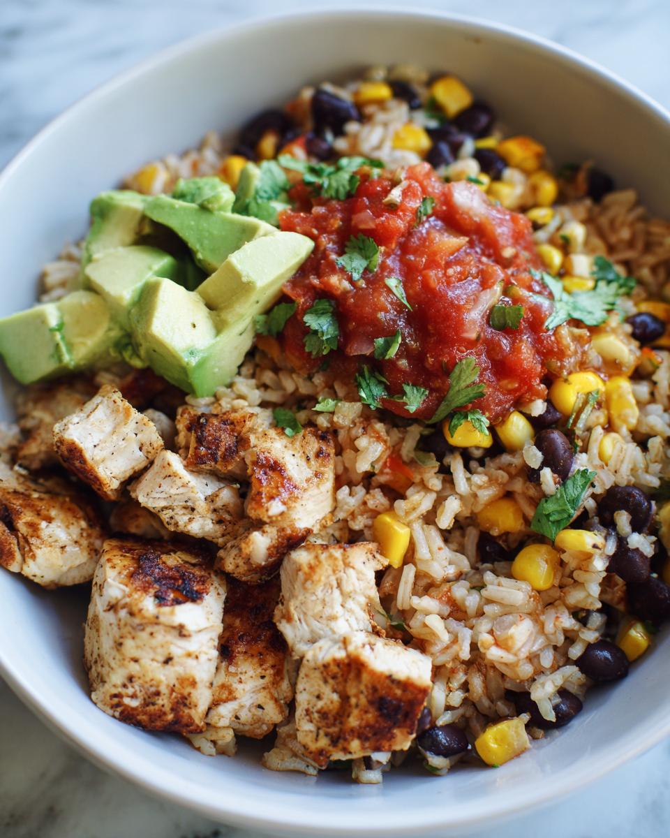 A close-up of a delicious chicken burrito bowl featuring seasoned chicken, rice, black beans, corn, salsa, and avocado chunks.