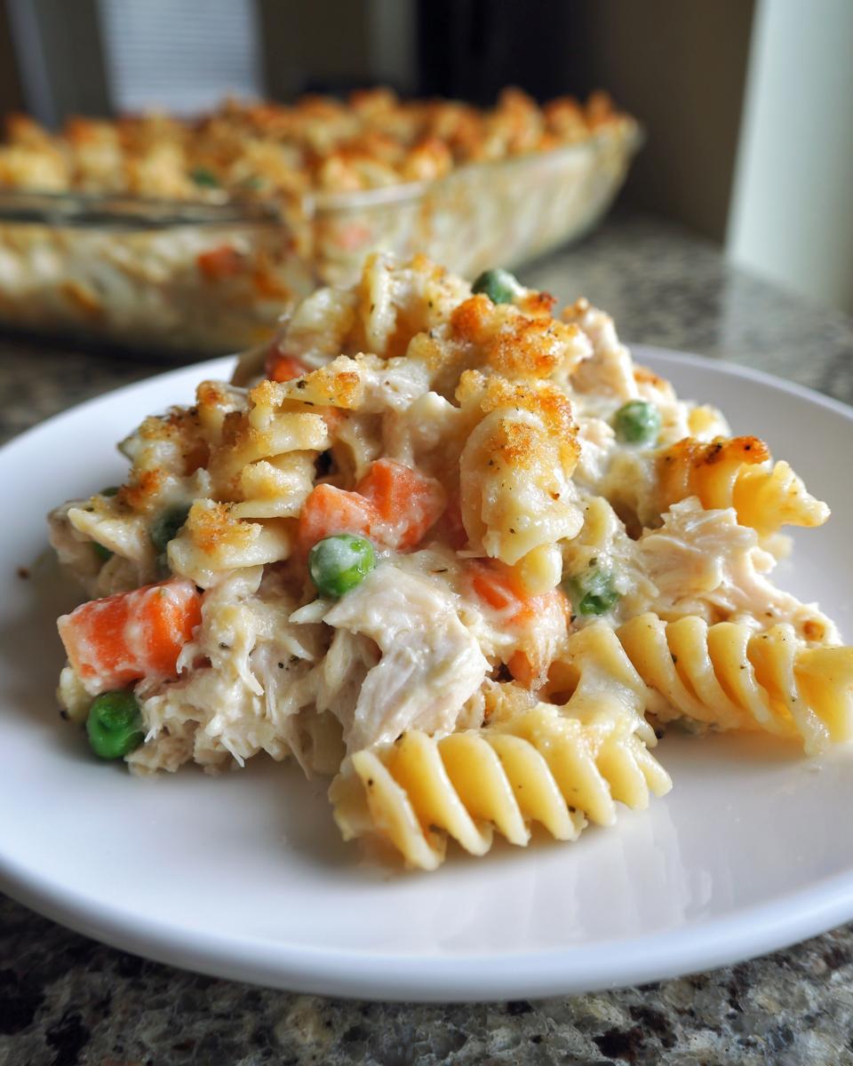A close-up serving of creamy chicken pot pie pasta with carrots, peas, and a golden breadcrumb topping.