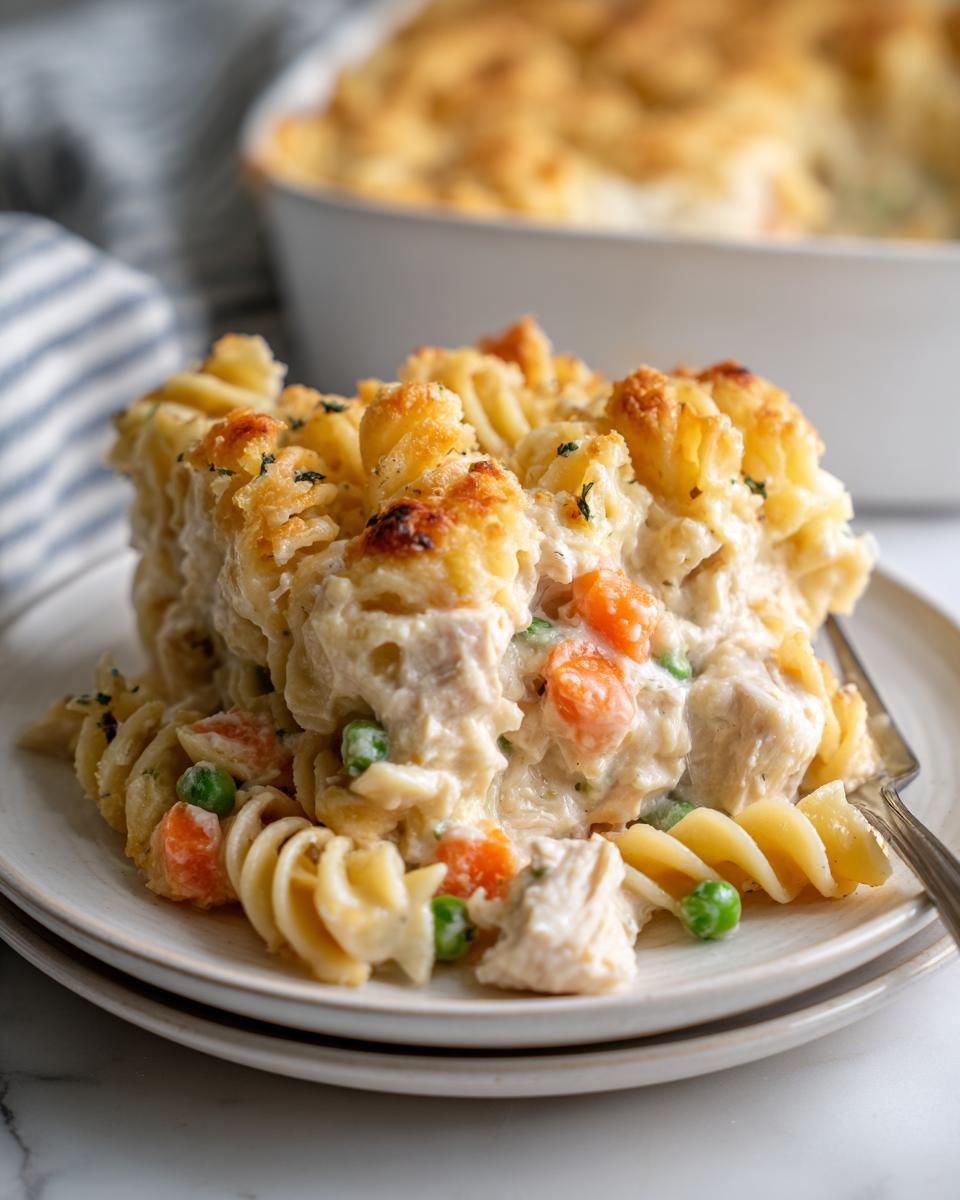 A serving of creamy chicken pot pie pasta with visible chicken, peas, and carrots, topped with a golden, baked crust.