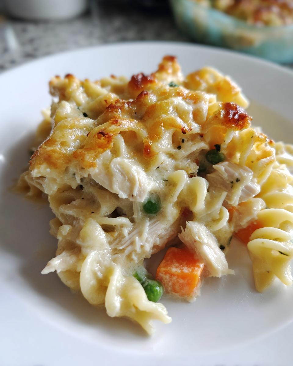 Close-up of a serving of creamy chicken pot pie pasta topped with bubbly, browned cheese.