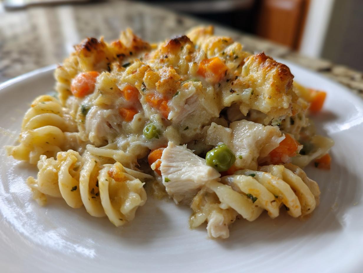 A close-up serving of creamy chicken pot pie pasta featuring fusilli, chicken chunks, carrots, and peas, topped with a golden, baked crust.
