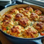 Close-up of golden-brown biscuits topping a creamy chicken pot pie with biscuits filling in a blue enameled cast iron dish.