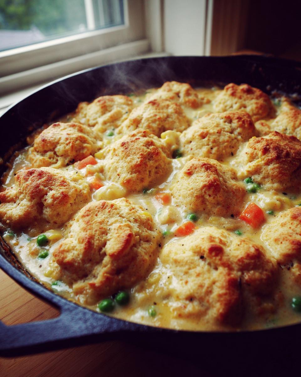 Close-up of a bubbling chicken pot pie with biscuits topping, steaming hot in a black cast iron skillet.