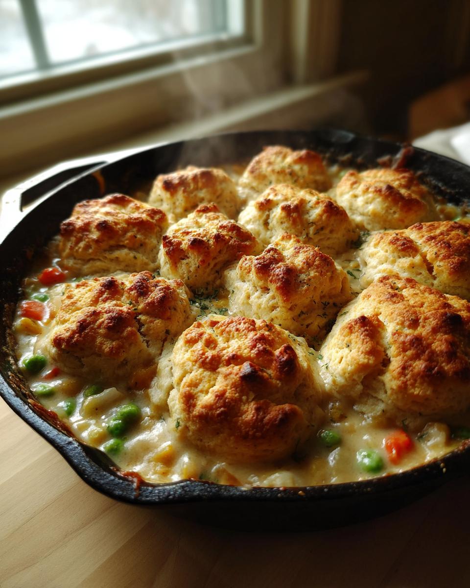 Close-up of a hot chicken pot pie with biscuits topping, steaming gently in a cast iron skillet.