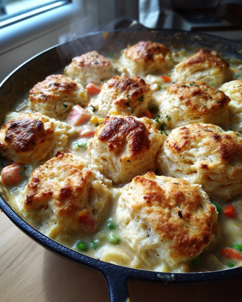 Close-up of steaming chicken pot pie with biscuits topping nestled in a creamy vegetable filling in a cast iron skillet.