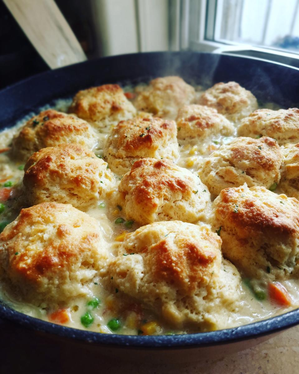 Close-up of hot chicken pot pie with biscuits topping, bubbling in a skillet with visible steam.