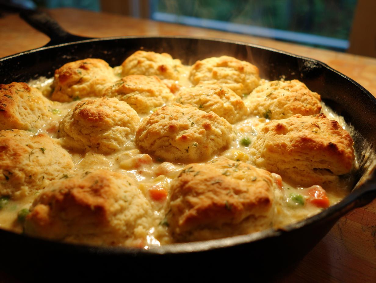 Close-up of a bubbling chicken pot pie with biscuits topping, served hot in a black cast iron skillet.