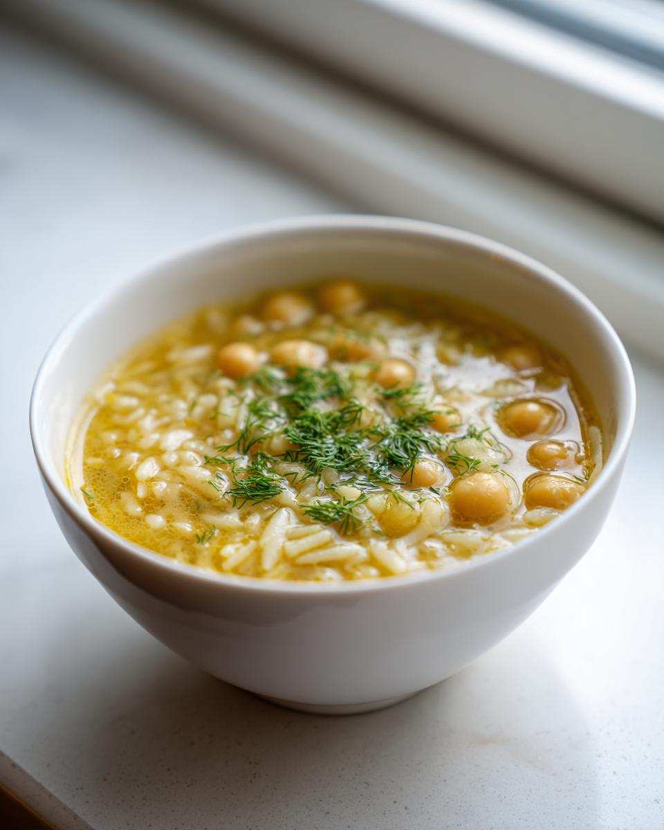 A white bowl filled with warm chickpea soup featuring orzo pasta, chickpeas, and topped with fresh dill.