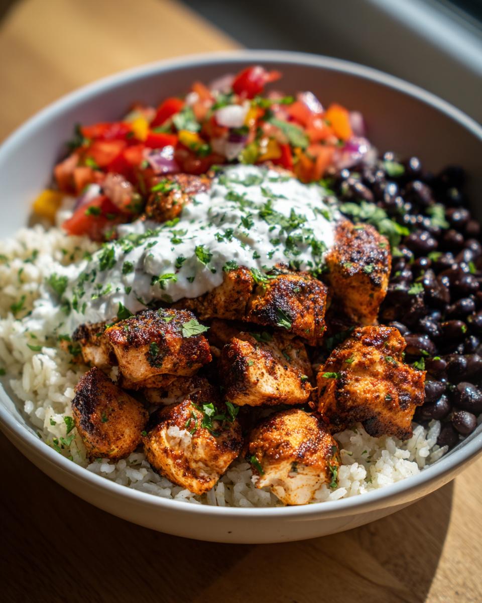 A close-up of a chipotle chicken burrito bowl featuring seasoned chicken pieces over rice, black beans, salsa, and a dollop of white sauce.