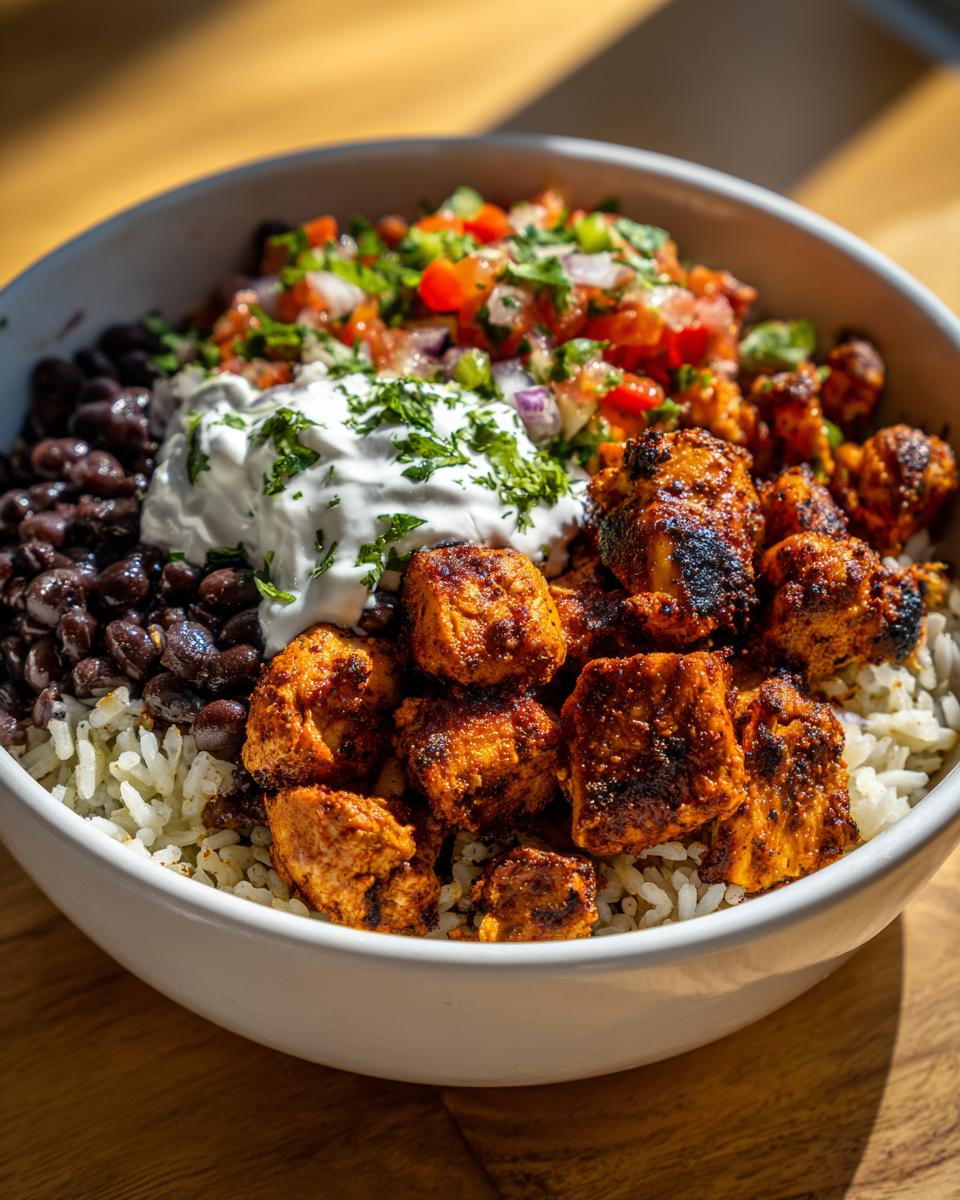 A close-up of a delicious chipotle chicken burrito bowl featuring seasoned chicken, rice, black beans, sour cream, and fresh salsa.