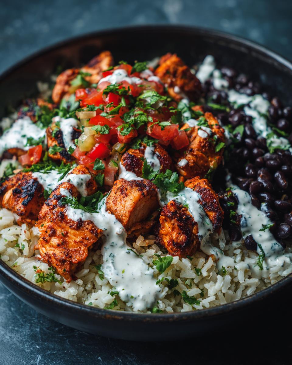 A close-up of a delicious chipotle chicken burrito bowl featuring seasoned chicken, white rice, black beans, pico de gallo, and a creamy white sauce.