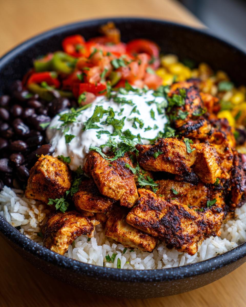 Close-up of a delicious chipotle chicken burrito bowl featuring seasoned chicken, white rice, black beans, corn, salsa, and sour cream.