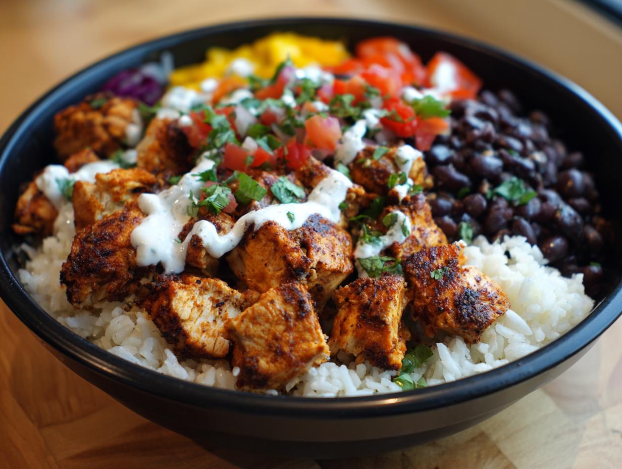 A close-up of a delicious chipotle chicken burrito bowl featuring seasoned chicken, white rice, black beans, and a drizzle of white sauce.