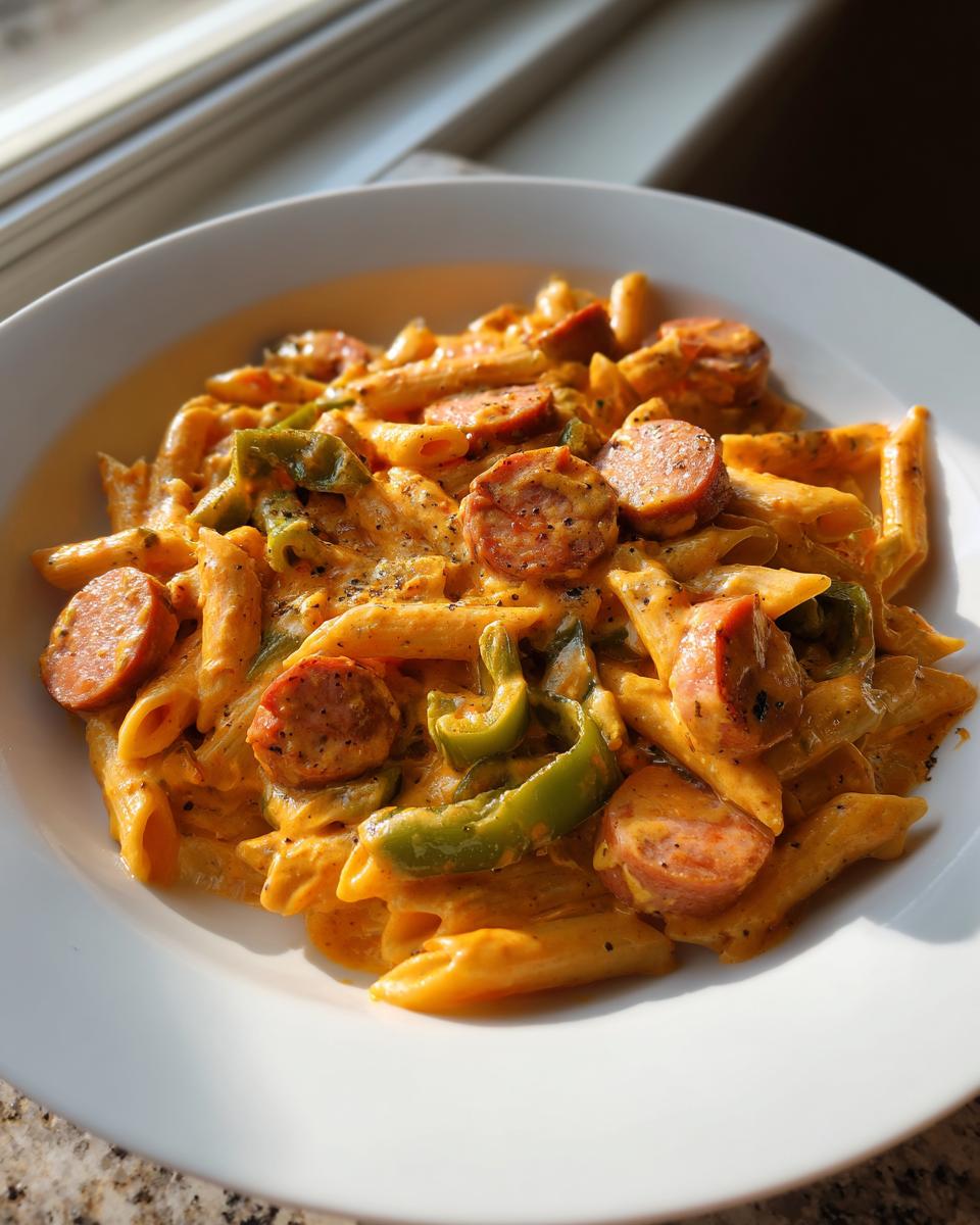 A close-up of creamy cajun kielbasa pasta with penne, sliced sausage, and green peppers in a white bowl.