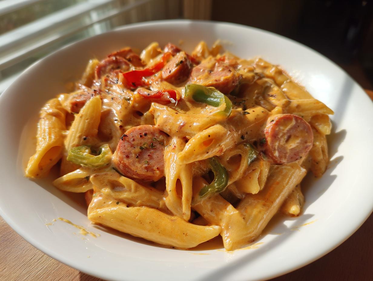 Close-up of creamy cajun kielbasa pasta featuring penne, sliced sausage, and bell peppers in a white bowl.