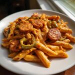 A close-up of creamy cajun kielbasa pasta featuring penne, sliced sausage, and green bell peppers on a white plate.