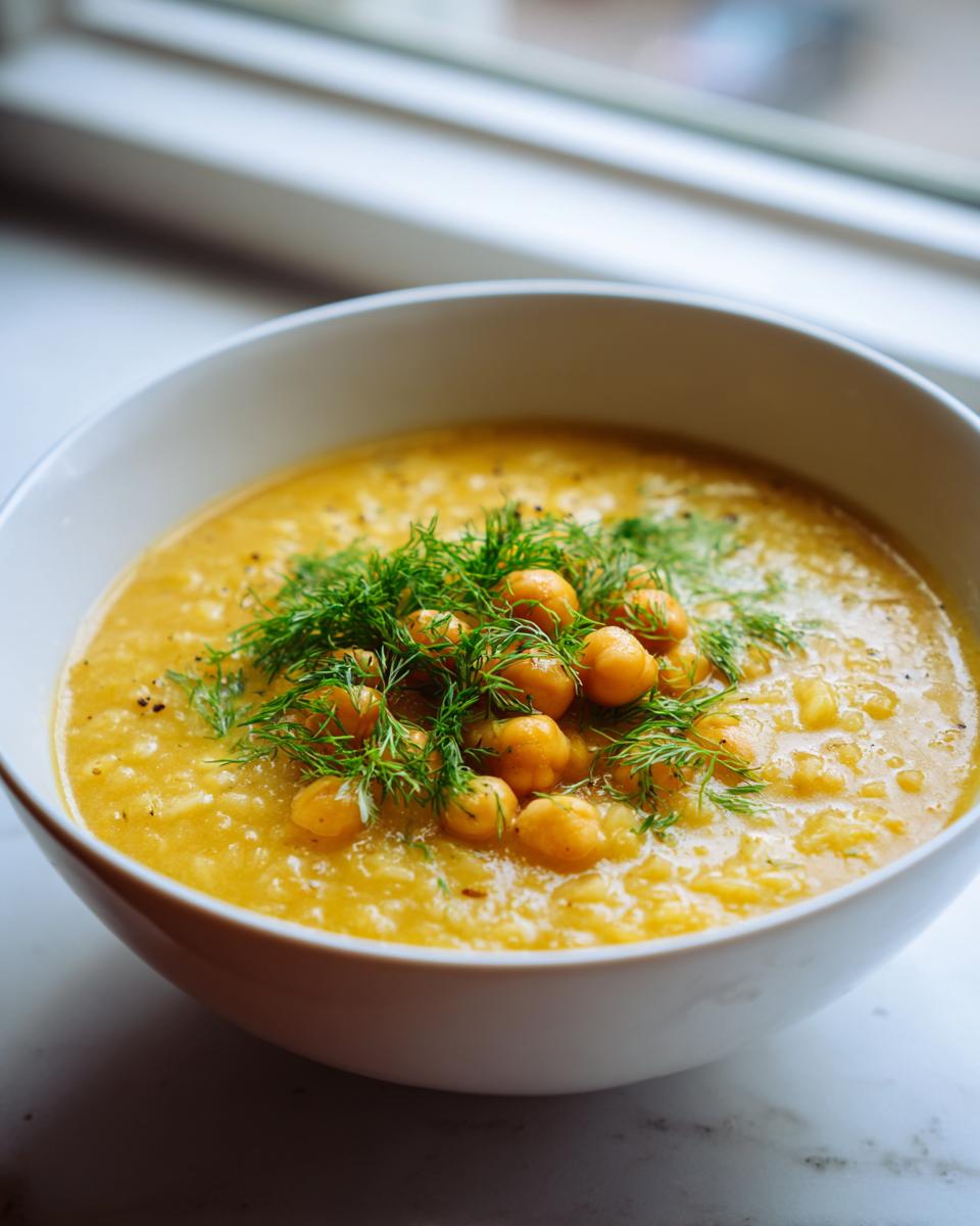 Close-up of a creamy yellow chickpea soup garnished with whole chickpeas and fresh dill.